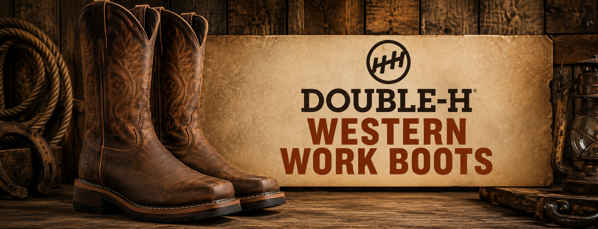 A pair of brown western work boots displayed beside a rustic sign that reads 'DOUBLE-H WESTERN WORK BOOTS' on a wooden surface.