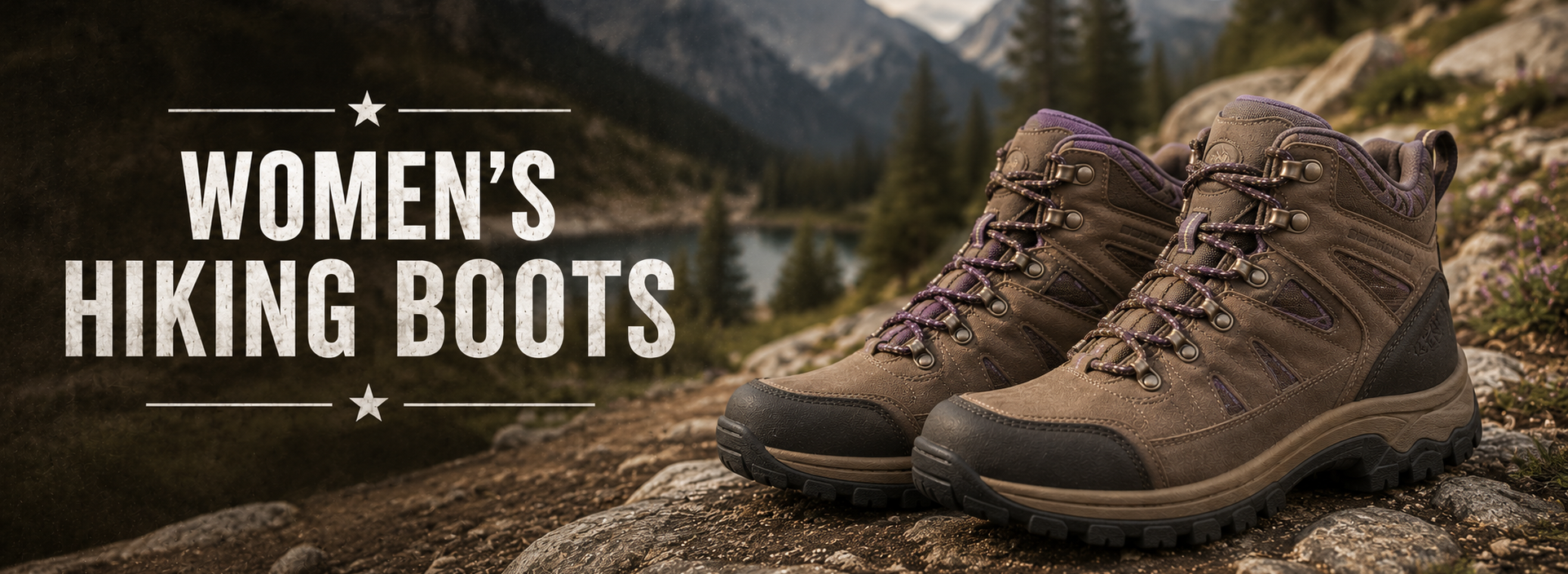 A pair of women's hiking boots in brown and tan with purple laces, resting on a rocky mountain path with a scenic lake and pine forest in the background. The text 'WOMEN'S HIKING BOOTS' is displayed on the left side.