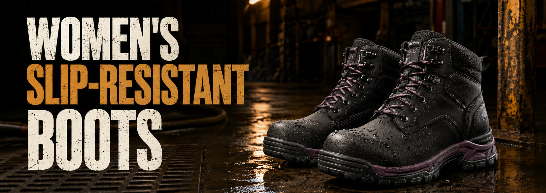 A pair of women's slip-resistant work boots in dark gray/black with purple accents, shown on a wet industrial floor next to bold text that reads 'WOMEN'S SLIP-RESISTANT BOOTS'.