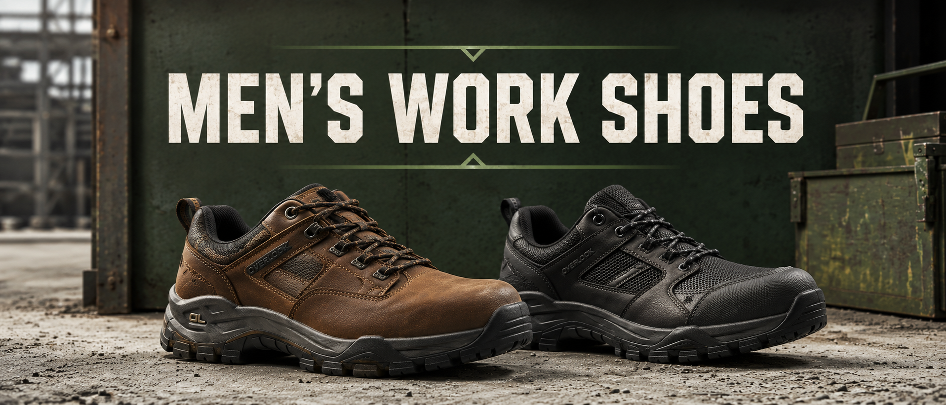 Two men's work shoes displayed on a concrete floor in front of a dark green wall with the text 'MEN'S WORK SHOES' above them. The left shoe is brown leather, and the right shoe is black mesh and synthetic.