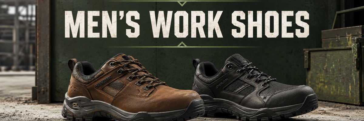 Two men's work shoes displayed on a concrete floor in front of a dark green wall with the text 'MEN'S WORK SHOES' above them. The left shoe is brown leather, and the right shoe is black mesh and synthetic.