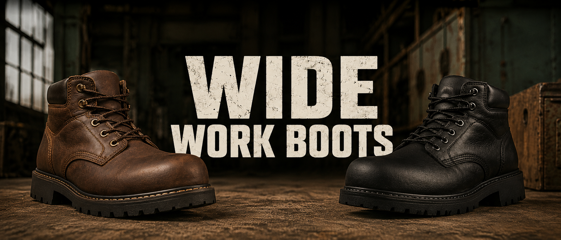 Two work boots displayed side by side on a rustic wooden surface with a dark industrial background. The left boot is a brown leather lace-up work boot, and the right boot is a black leather lace-up work boot.