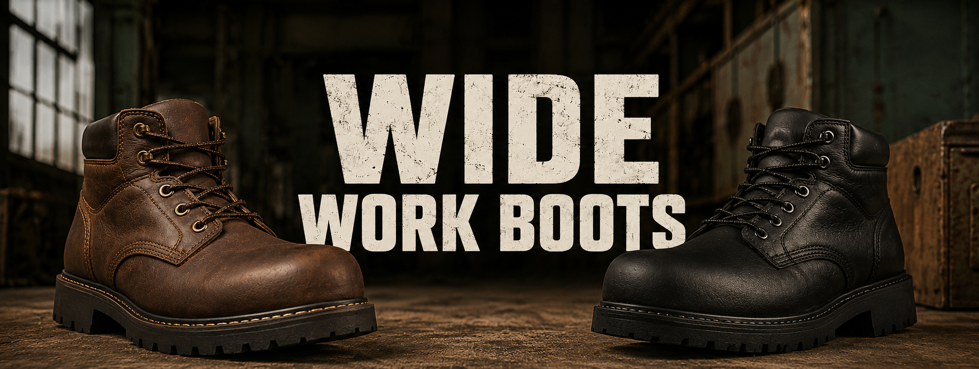 Two work boots displayed side by side on a rustic wooden surface with a dark industrial background. The left boot is a brown leather lace-up work boot, and the right boot is a black leather lace-up work boot.