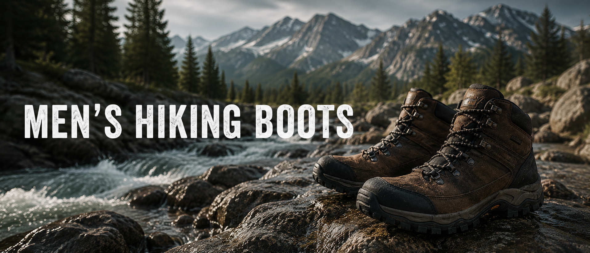 A pair of rugged brown men's hiking boots placed on rocks beside a rushing stream, with a mountain forest backdrop and the text 'MEN'S HIKING BOOTS' overlaid across the left side.
