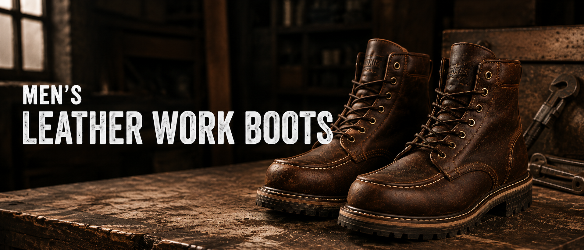 A pair of dark brown leather work boots displayed on a rustic wooden table in a dim workshop setting, with the text 'MEN'S LEATHER WORK BOOTS' overlaid on the left side.