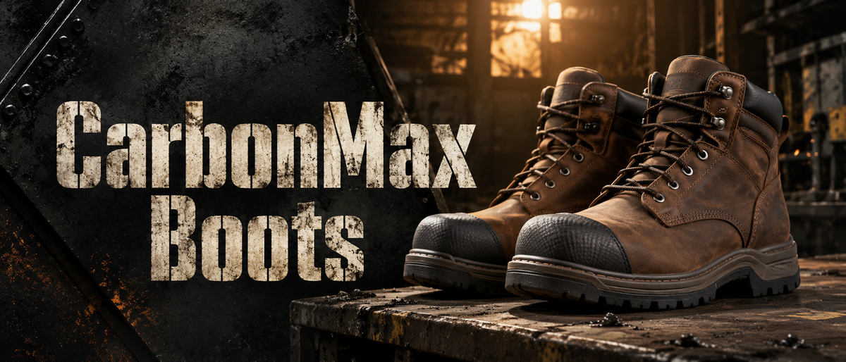 A pair of brown lace-up work boots with black toe caps, displayed on a wooden surface against a dark industrial background with the text 'CarbonMax Boots' overlaid on the left.