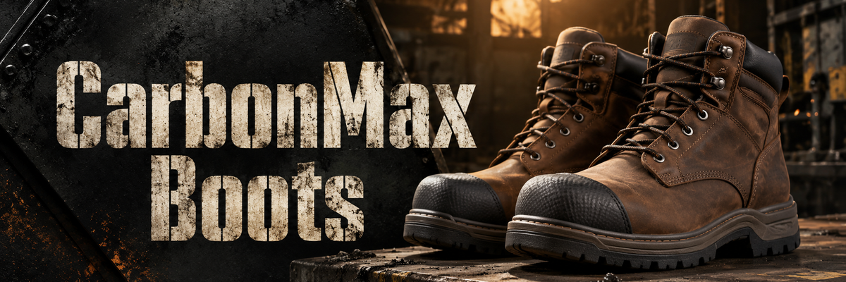 A pair of brown lace-up work boots with black toe caps, displayed on a wooden surface against a dark industrial background with the text 'CarbonMax Boots' overlaid on the left.