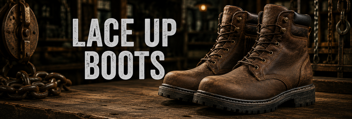 A pair of rugged brown lace-up work boots displayed on a wooden surface in a dark industrial setting, with large white text reading 'LACE UP BOOTS' overlaid on the left side.