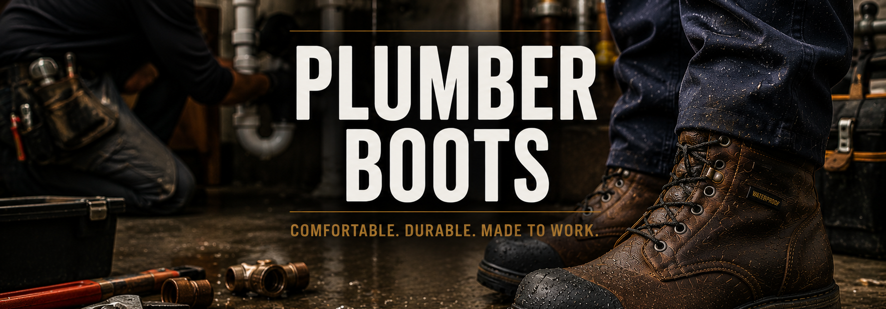 A pair of rugged brown leather plumber's work boots shown on a person's feet in a workshop setting, with large white text reading 'PLUMBER BOOTS' and smaller text 'COMFORTABLE. DURABLE.