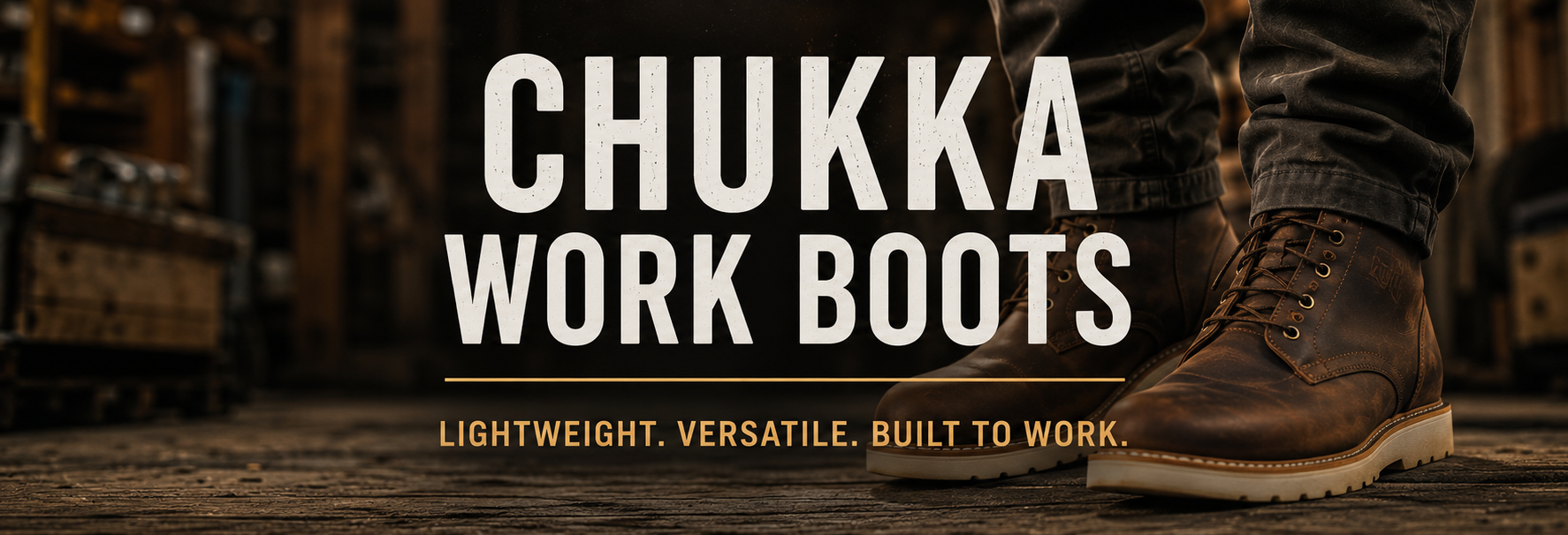 Brown leather chukka work boots with dark jeans, shown in a workshop setting with large white text reading 'CHUKKA WORK BOOTS' and smaller text 'LIGHTWEIGHT. VERSATILE.