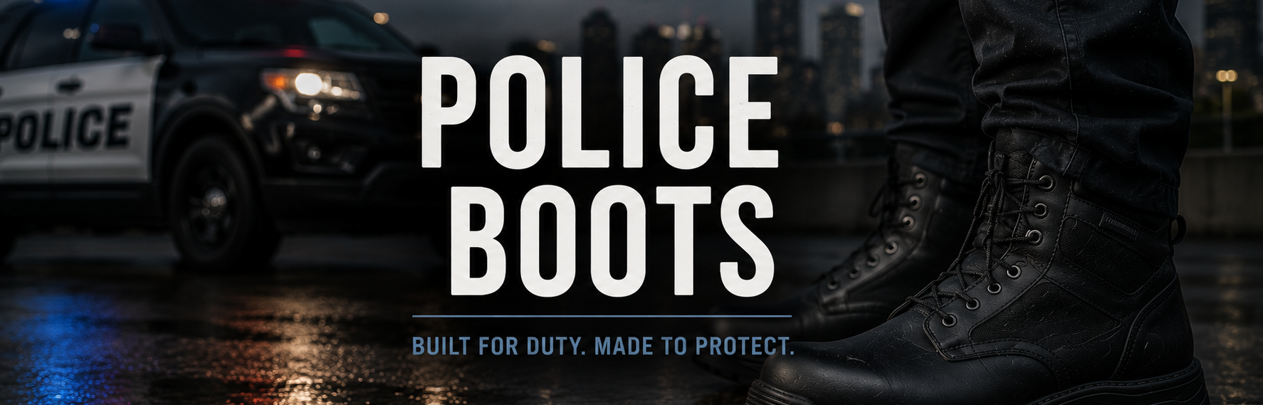 A pair of black tactical police boots worn on a person's feet, with a blurred police car in the background and large white text reading 'POLICE BOOTS' over the center.