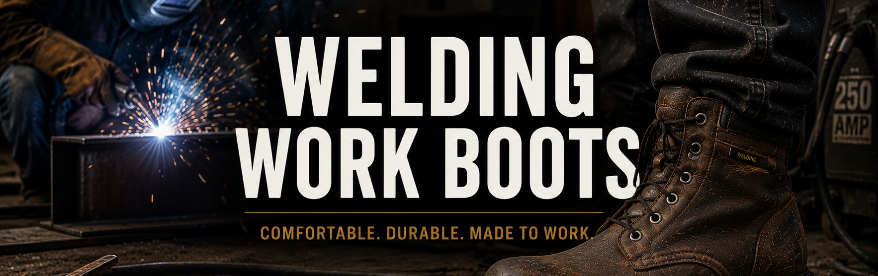 Promotional graphic for welding work boots, featuring a large brown leather boot on the right, sparks on the left, and bold white text reading 'WELDING WORK BOOTS' with the tagline 'COMFORTABLE. DURABLE.