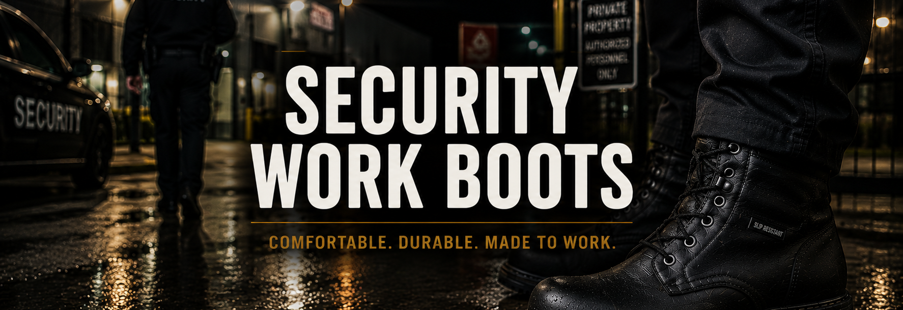 A pair of black security work boots shown in a dark, wet urban street setting with large white text reading 'SECURITY WORK BOOTS' and smaller text 'COMFORTABLE. DURABLE.