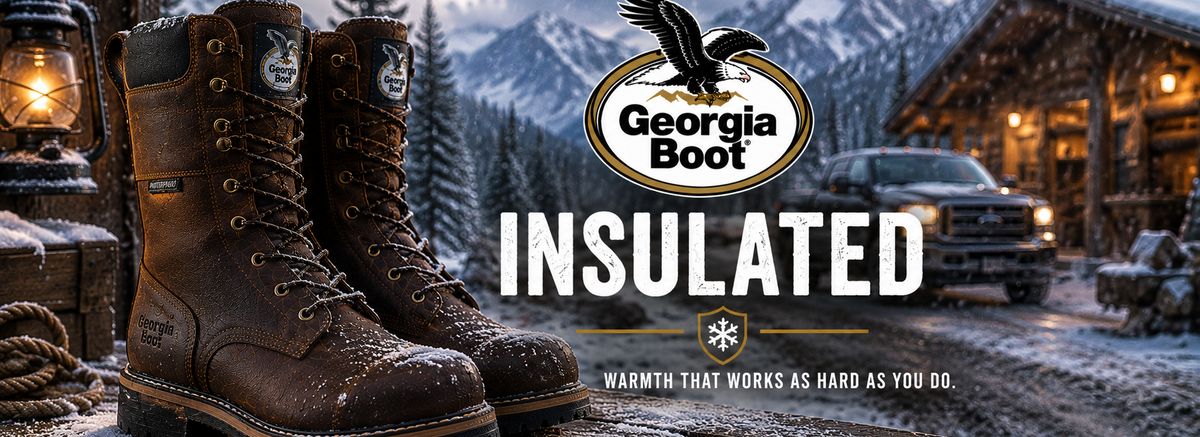 A pair of brown insulated work boots displayed in a snowy outdoor mountain setting with a cabin and truck in the background. The boots are positioned on a snowy surface in the foreground, with the Georgia Boot logo and the word 'INSULATED' overlaid in the center.