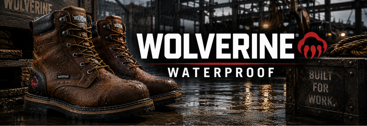 A pair of rugged brown Wolverine waterproof work boots displayed on a wet industrial floor, with large 'WOLVERINE WATERPROOF' text and a red wolf-head logo overlaid on the scene.