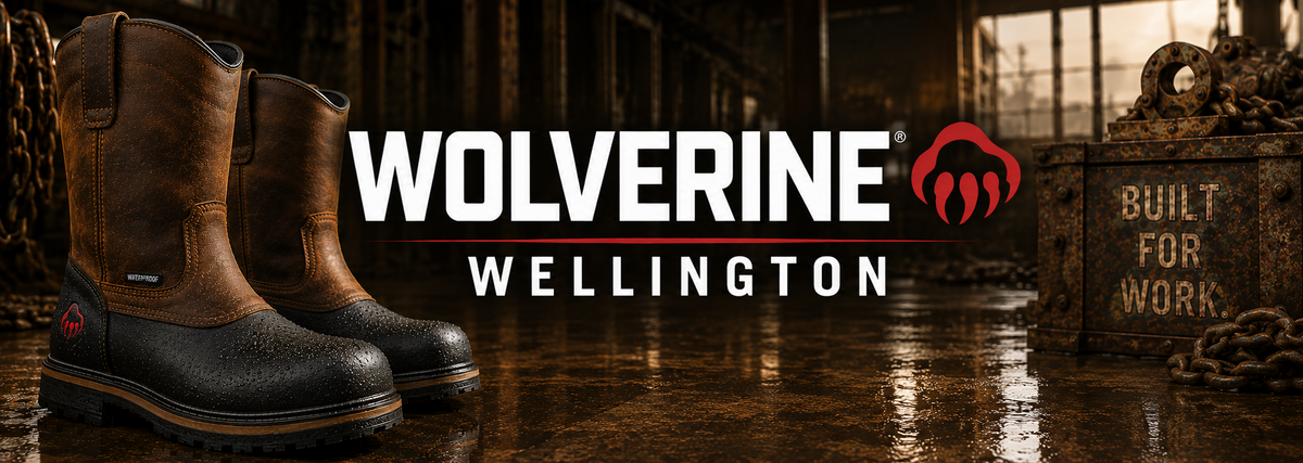 A pair of Wolverine Wellington work boots displayed in a dark, industrial warehouse setting with the brand logo and 'Built for Work' text on a crate.