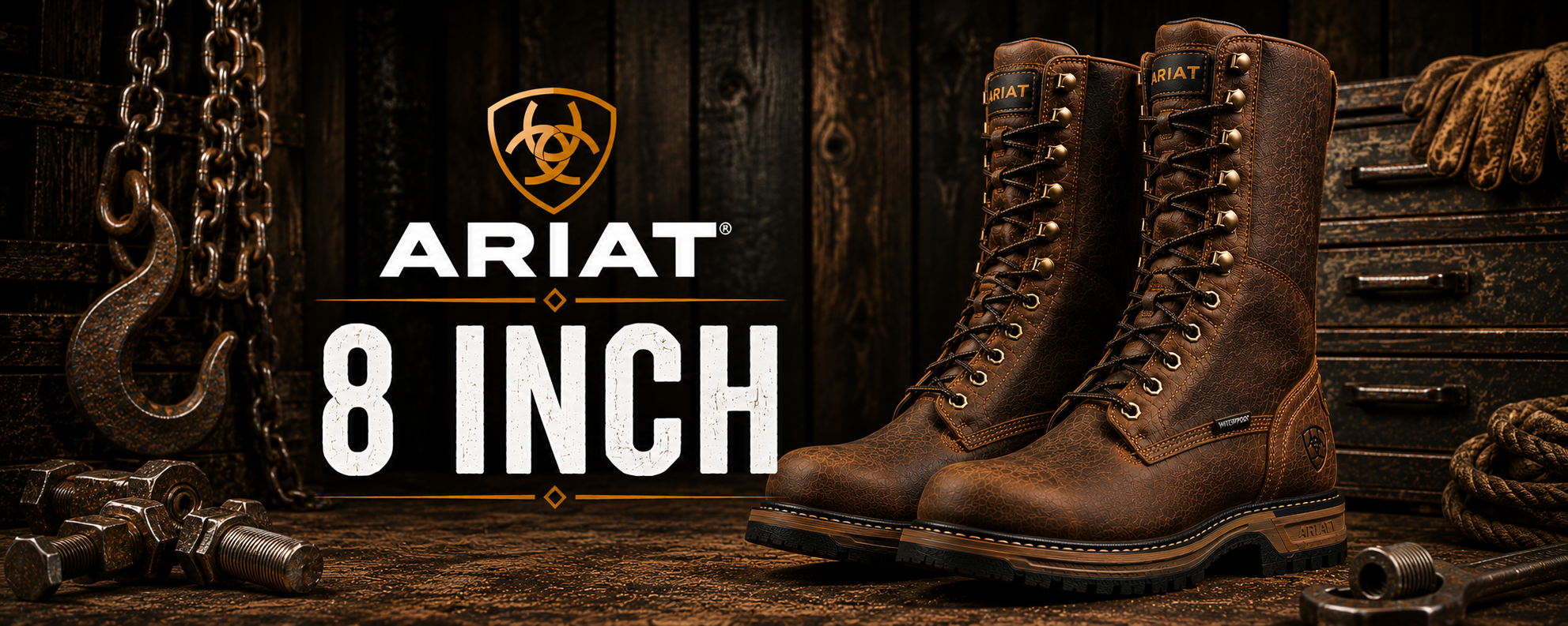 A pair of Ariat 8-inch work boots in dark brown leather, displayed on a rustic wooden surface with industrial props like a hook, chains, and tools. The Ariat logo and '8 INCH' text are prominently displayed in the center.