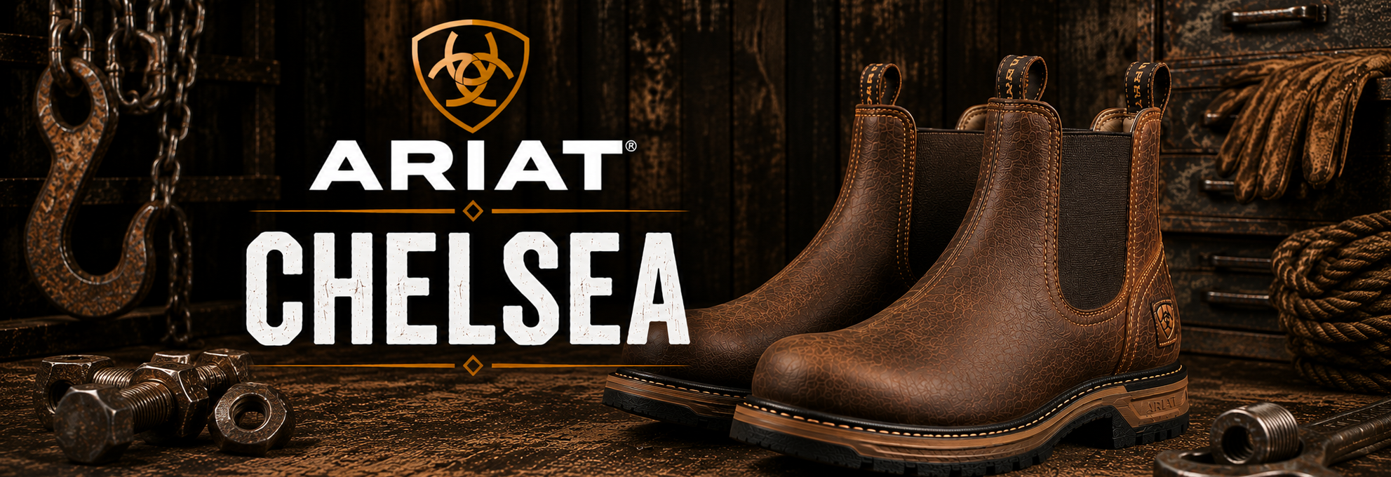 A pair of Ariat Chelsea boots in dark brown leather with black elastic side panels, displayed on a rustic wooden surface with industrial props and the Ariat Chelsea branding.