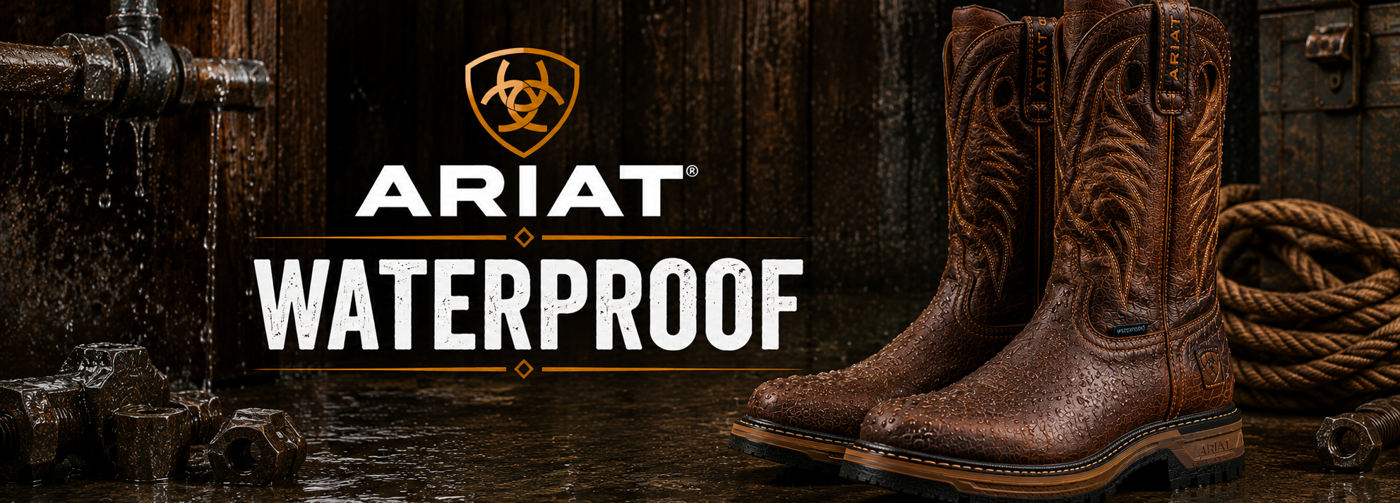 A pair of Ariat waterproof brown leather cowboy boots displayed against a dark rustic background with the text 'ARIAT WATERPROOF' and the Ariat logo.