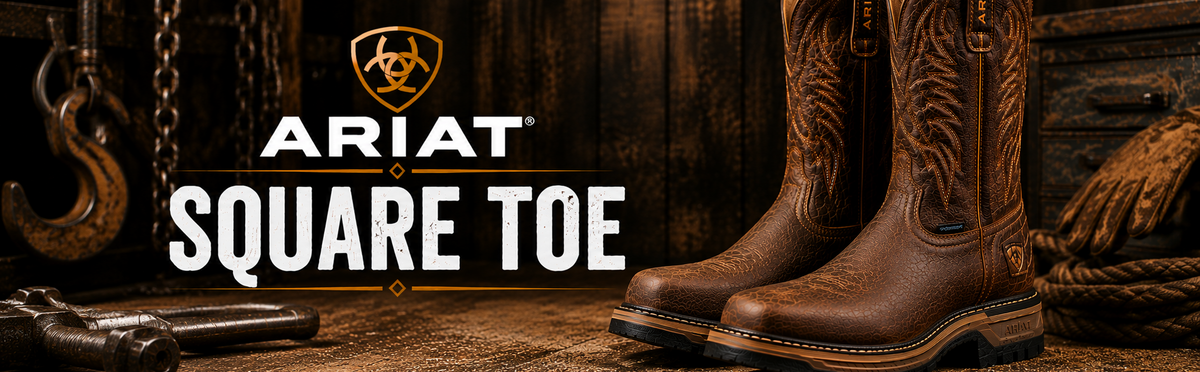 A pair of Ariat square-toe cowboy boots in brown leather, displayed on a rustic wooden surface with western-themed props and the Ariat brand logo and text overlay.