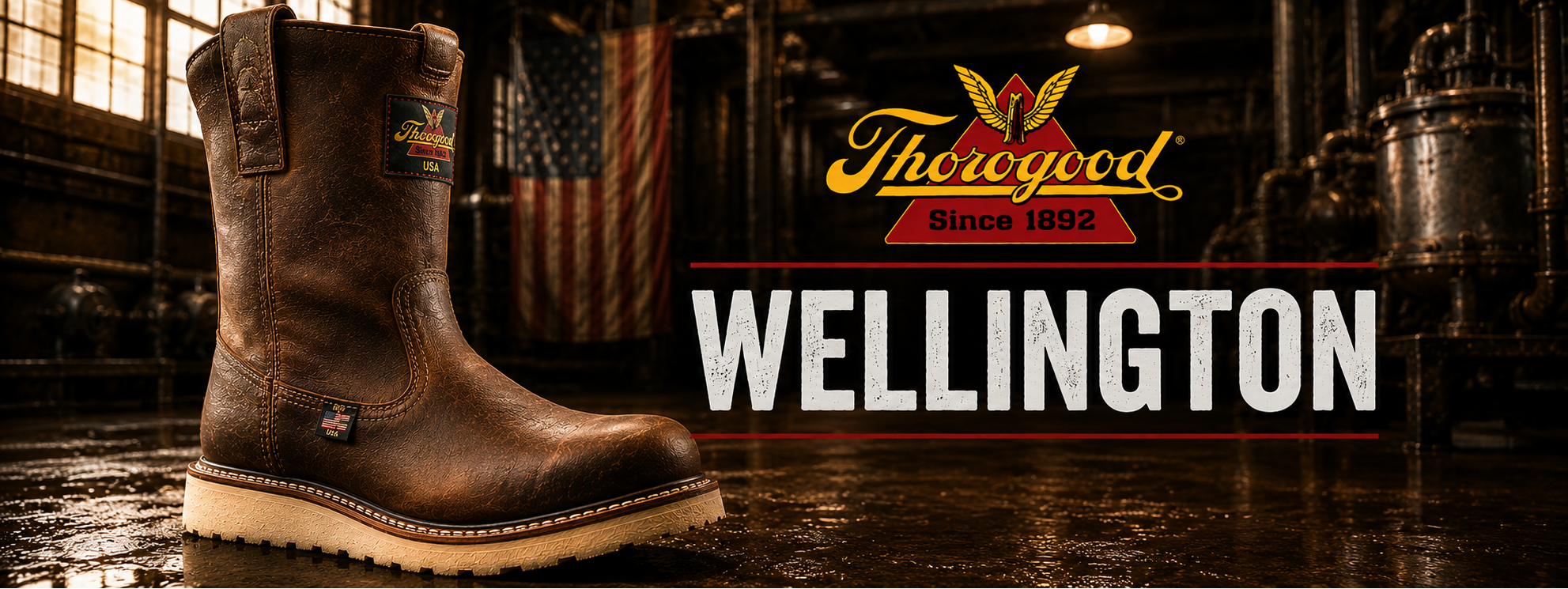 A brown leather Wellington work boot is shown in a dark industrial setting with a large 'Thorogood Since 1892' logo and 'WELLINGTON' text overlay.