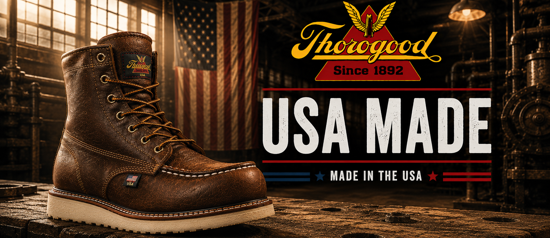A brown leather work boot is shown in a rustic industrial setting with an American flag and large text reading 'Therogood Since 1892 USA MADE MADE IN THE USA'.