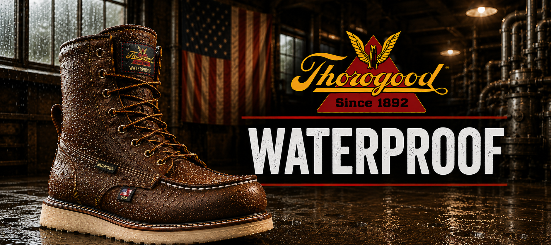 A brown leather waterproof work boot is shown in a dark industrial setting with an American flag in the background. The right side features the 'Therogood' logo and the word 'WATERPROOF' in large white letters.