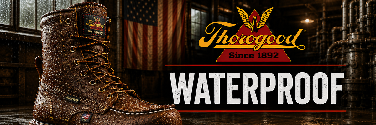A brown leather waterproof work boot is shown in a dark industrial setting with an American flag in the background.