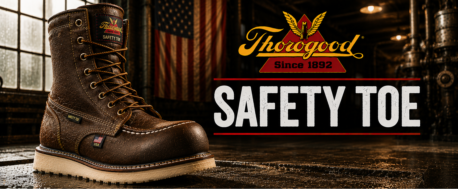 A brown leather safety boot with a thick white outsole is shown in a dark industrial setting with an American flag in the background. The Thorogood brand logo and the words 'SAFETY TOE' are displayed prominently on the right side of the image.