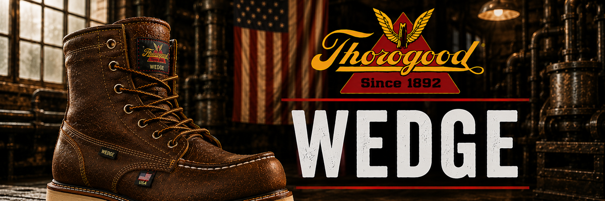A brown leather wedge work boot by Thorgood, shown in a rustic industrial setting with an American flag and large Thorgood branding and the word 'WEDGE' on a dark background.