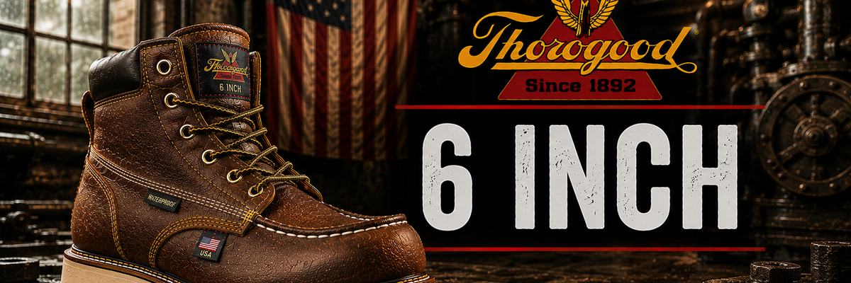 A brown leather 6-inch work boot by Thorogood, displayed in a rustic industrial setting with an American flag and metal pipes in the background. The Thorogood logo and '6 INCH' text are overlaid on the right side.