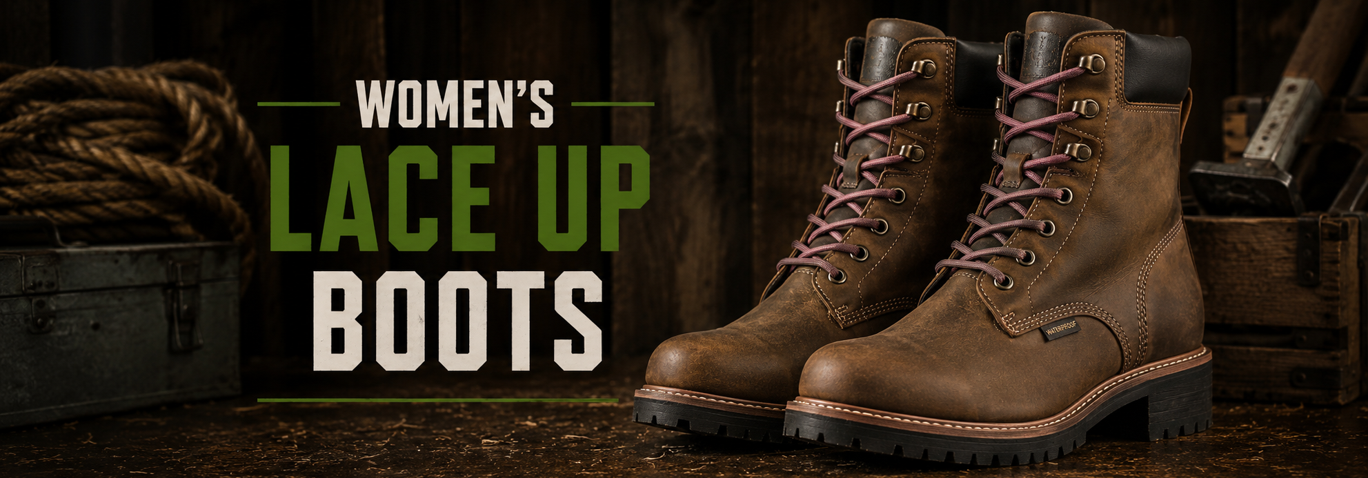 A pair of women's brown lace-up leather boots displayed on a rustic wooden surface with a dark wood background and promotional text reading 'WOMEN'S LACE UP BOOTS.'.