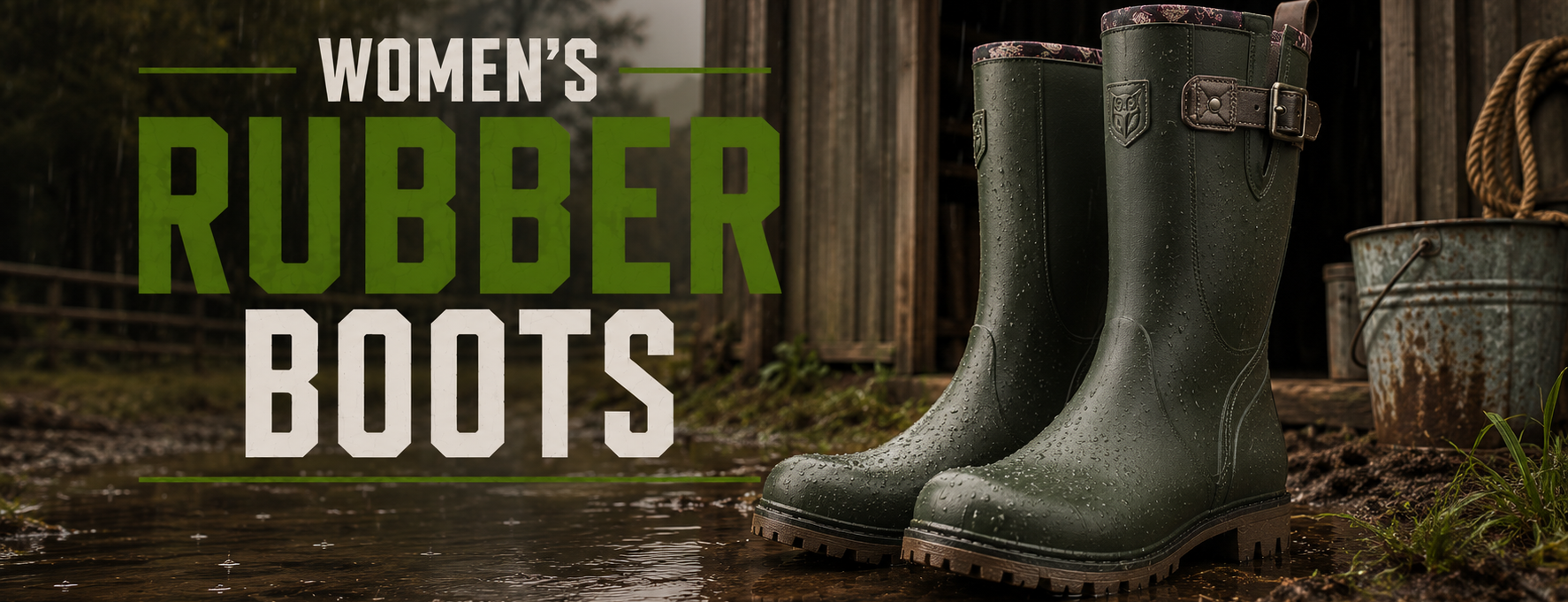 A pair of dark green women's rubber boots standing in shallow water beside a rustic wooden shed, with large overlaid text reading 'WOMEN'S RUBBER BOOTS'.