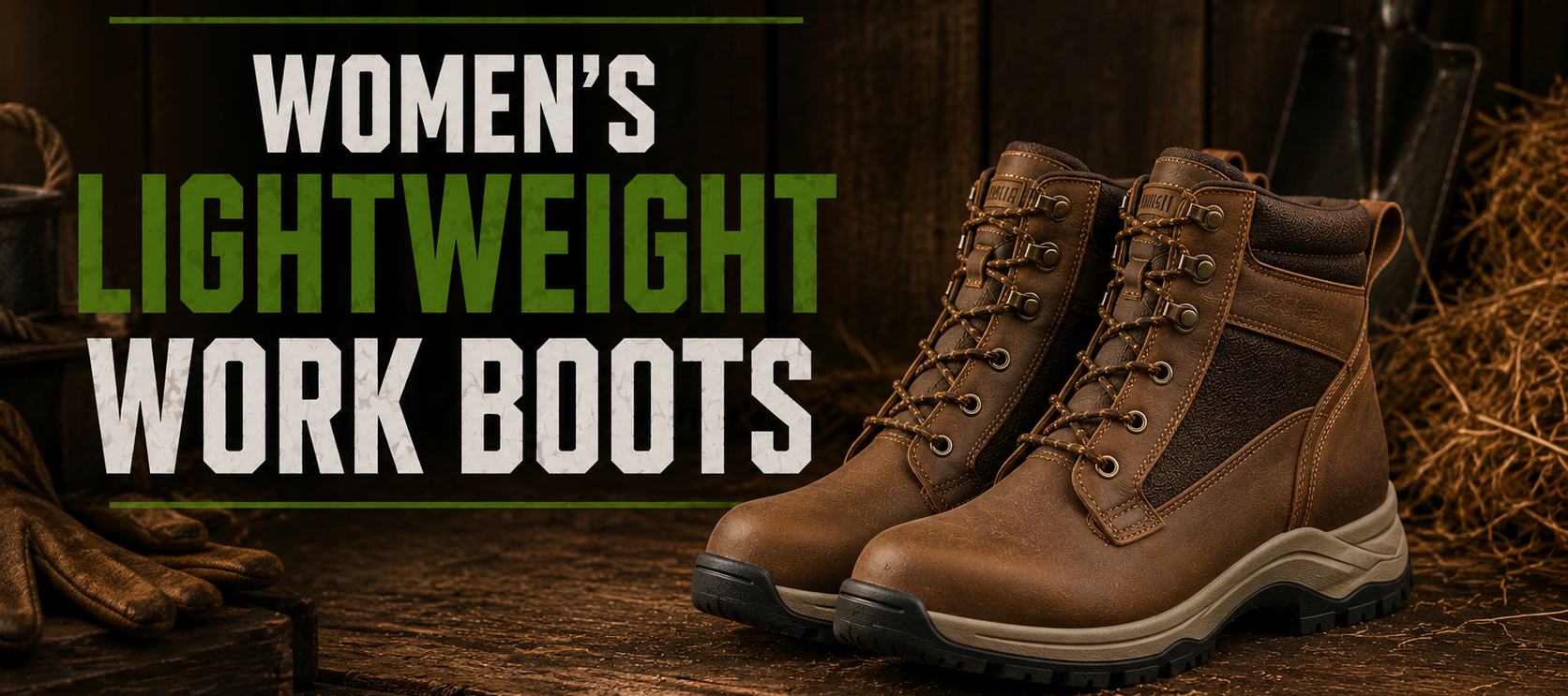 A pair of women's brown leather work boots with dark mesh side panels and lace-up fronts, displayed on a rustic wooden surface with text reading 'WOMEN'S LIGHTWEIGHT WORK BOOTS' and a dark wood background.