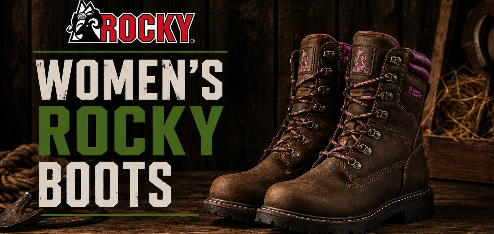 A pair of Rocky Women's Rocky Boots in dark brown leather, displayed on a rustic wooden surface with a dark wood background. The brand logo and text 'WOMEN'S ROCKY BOOTS' are prominently displayed on the left side of the image.
