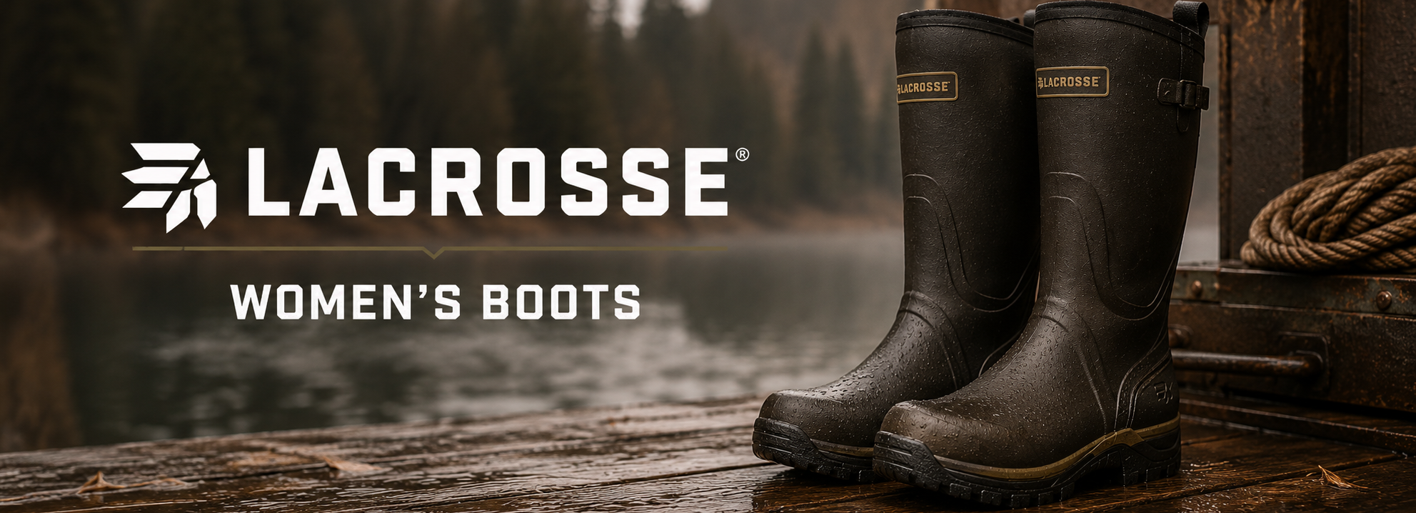 A pair of dark brown Lacrosse women's rubber boots standing on a wet wooden dock with a blurred forest and water in the background. The Lacrosse brand logo and the words 'WOMEN'S BOOTS' are displayed on the left side of the image.