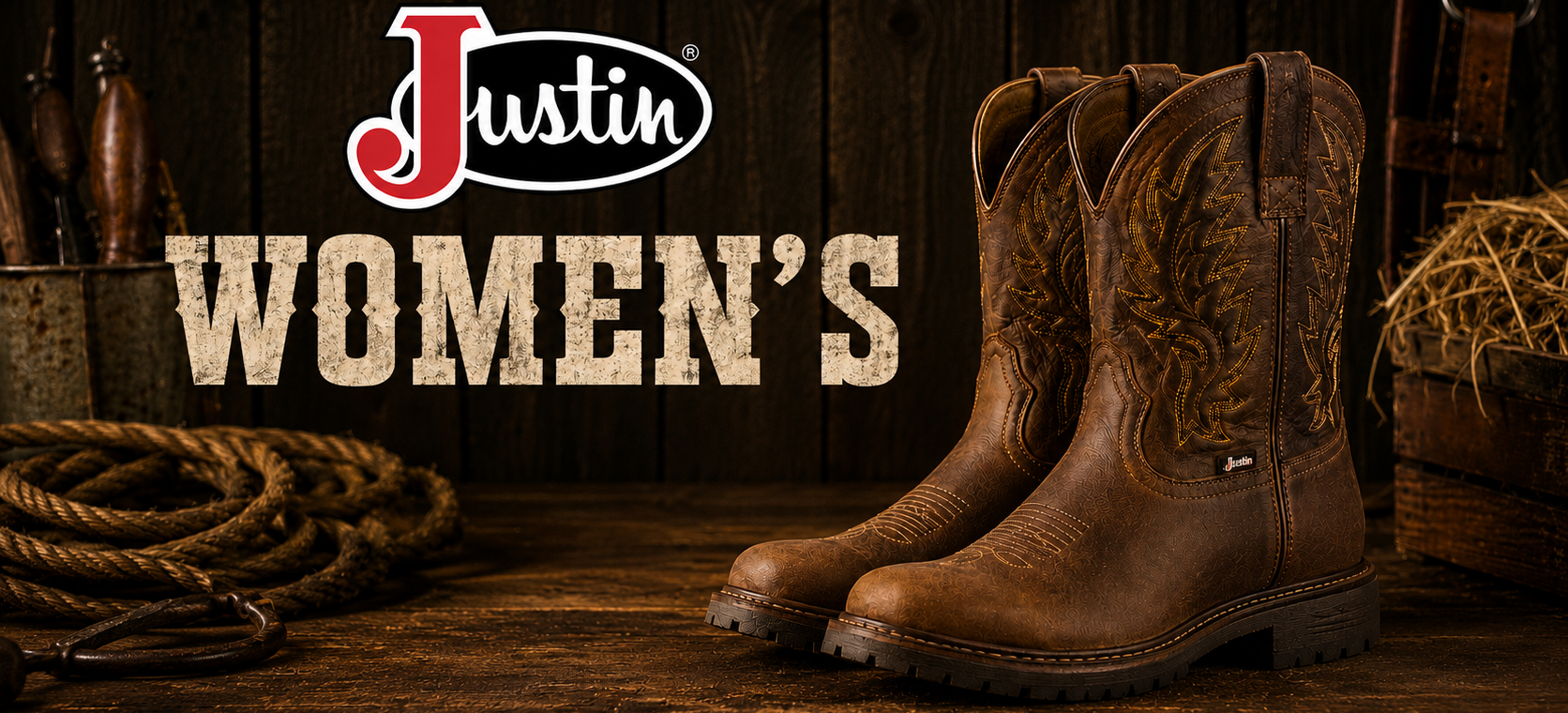 A pair of brown leather western boots with floral embroidery on the shafts, displayed on a rustic wooden surface with a coiled rope, hay, and tools in the background. The 'Justin Women's' logo is prominently displayed in the upper center.