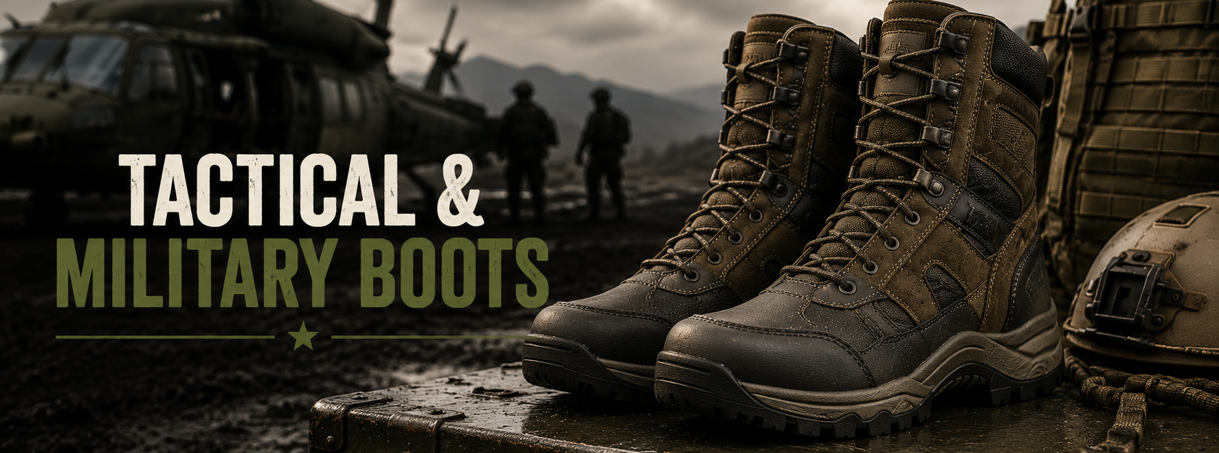 A pair of rugged tactical military boots displayed on a metal case in a military-themed setting with a helicopter, soldiers, and mountains in the background. Text on the left reads 'TACTICAL & MILITARY BOOTS'.
