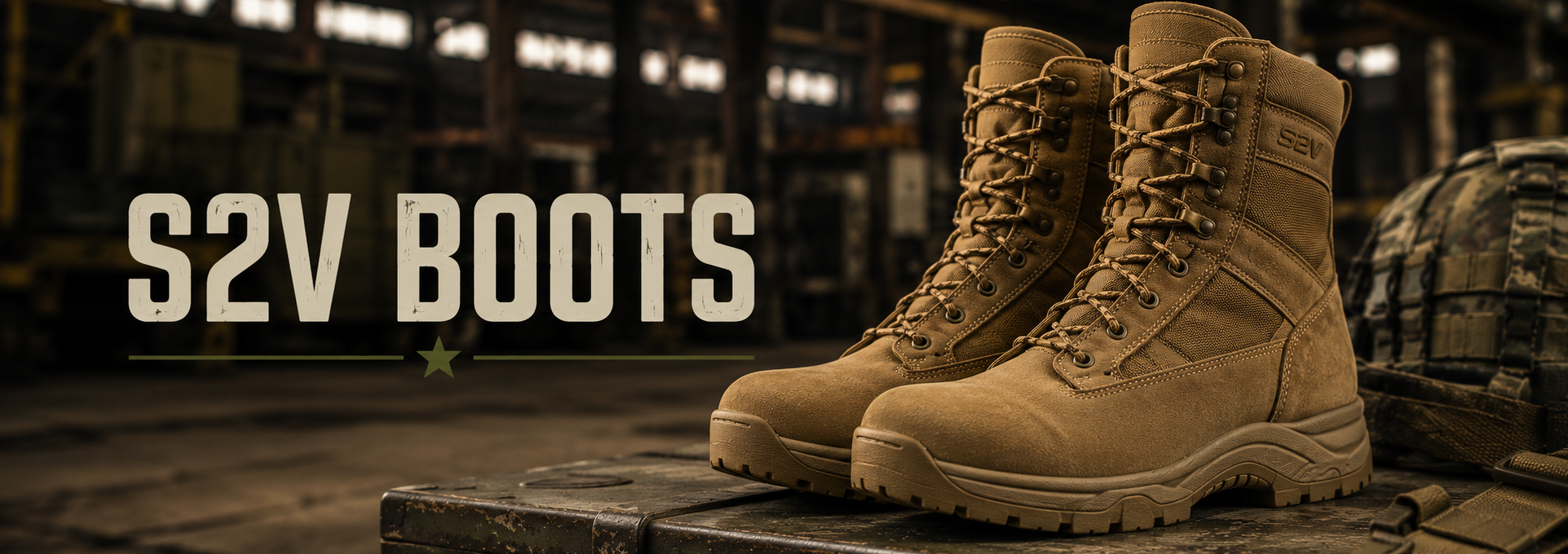 A pair of tan lace-up tactical boots displayed on a metal crate in a dark industrial setting, with the text 'S2V BOOTS' overlaid on the left side.