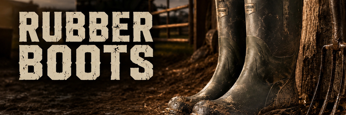 A pair of dark rubber boots standing on muddy ground beside a wooden fence, with a tractor blurred in the background and large text reading 'RUBBER BOOTS' with a 'SHOP COLLECTION >' button.