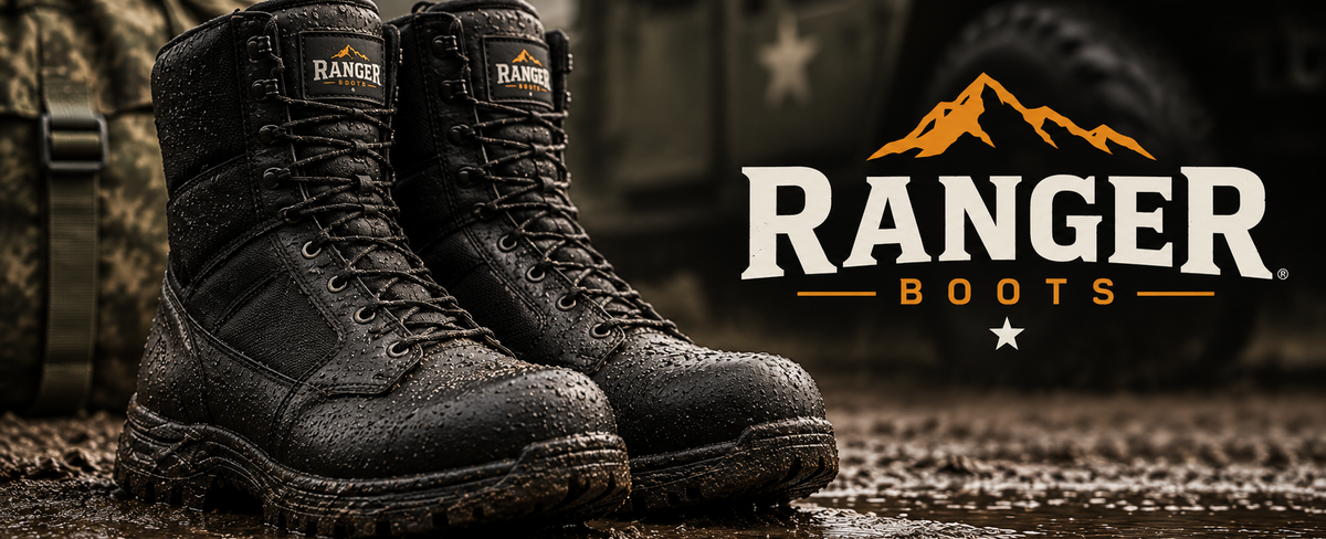 A pair of black Ranger Boots tactical combat boots shown in a muddy outdoor setting with a military vehicle blurred in the background. The Ranger Boots logo is displayed on the right side of the image.