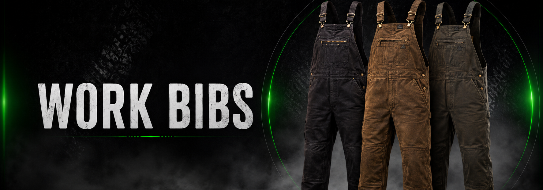 Three pairs of work bib overalls in black, brown, and gray are displayed side-by-side against a dark, smoky background with green accents and the text 'WORK BIBS' on the left.