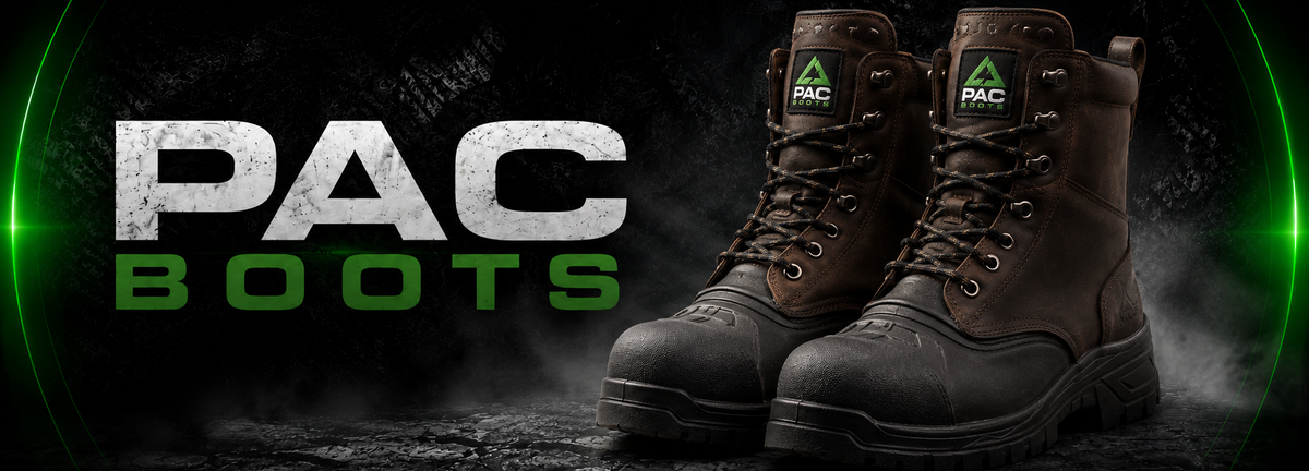 A pair of brown and black PAC Boots work boots displayed on a dark, smoky background with green circular accents and the text 'PAC BOOTS' on the left.