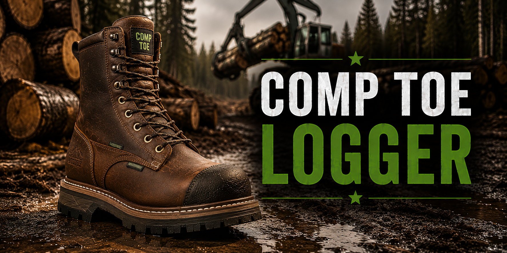 A brown leather work boot with a protective toe cap stands in a muddy outdoor logging scene, with large text reading 'COMP TOE LOGGER' on the right side of the frame.