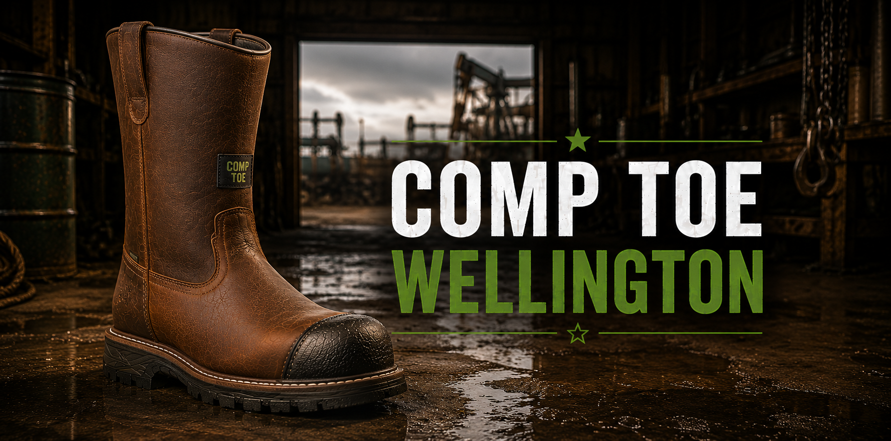 A brown leather Comp Toe Wellington work boot is shown in a dark industrial setting with wet concrete, alongside large text reading 'COMP TOE WELLINGTON'.