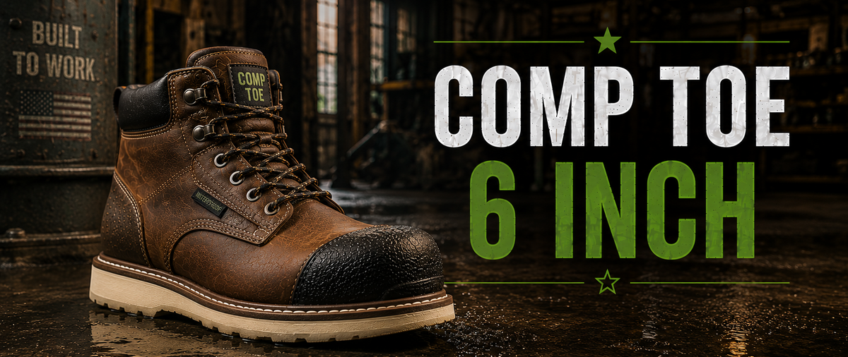 A brown leather work boot with a black toe cap and white midsole, shown in a dark industrial setting with large text reading 'COMP TOE 6 INCH'.