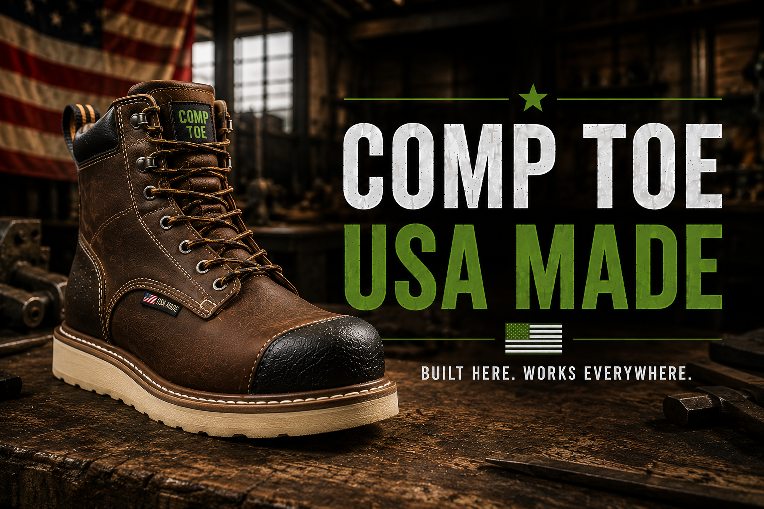 A brown leather Comp Toe work boot with a black toe cap and beige sole, displayed on a rustic wooden surface with a blurred workshop background and an American flag. Large text on the right reads 'COMP TOE USA MADE' with 'BUILT HERE.