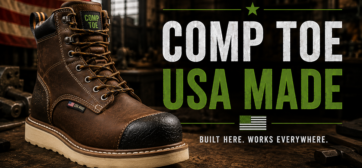 A brown leather Comp Toe work boot with a black toe cap and beige sole, displayed on a rustic wooden surface with a blurred workshop background and an American flag. Large text on the right reads 'COMP TOE USA MADE' with 'BUILT HERE.