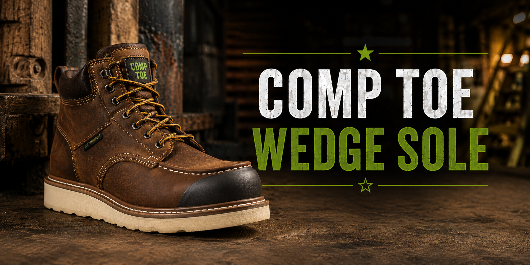 A brown leather work boot with a wedge sole, shown on a rustic wooden floor with promotional text reading 'COMP TOE WEDGE SOLE' on the right.