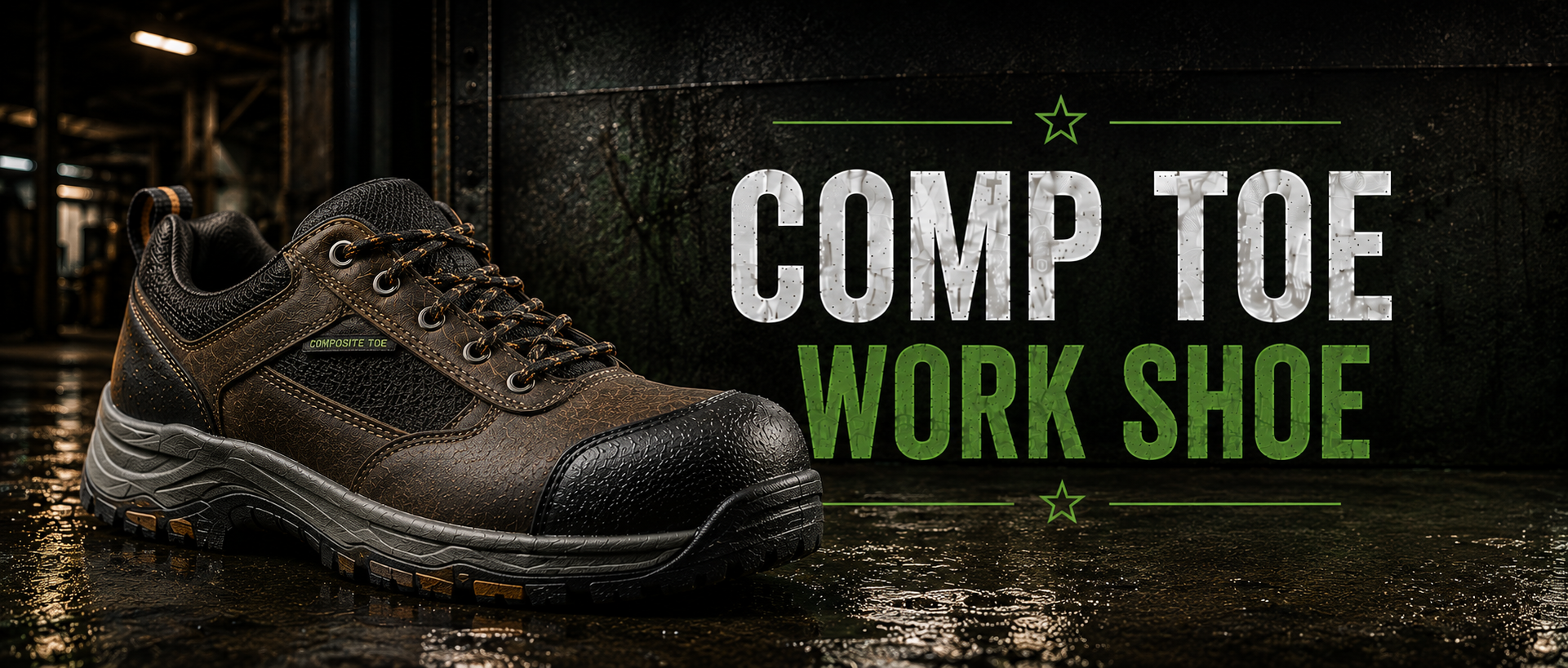A brown and black work shoe shown on a wet dark floor next to large text reading 'COMP TOE WORK SHOE' on a dark textured background.